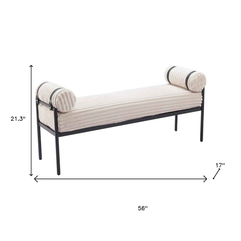 56" Cream and Black Fabric Upholstered Bench