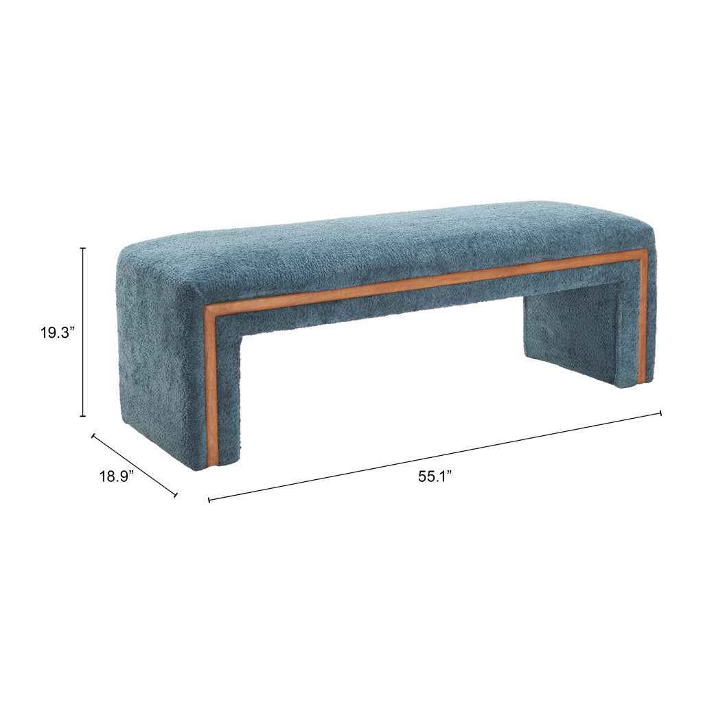 56" Blue and Brown Fabric and Solid Wood Upholstered Bench