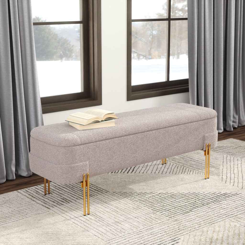 47" Beige and Gold Fabric Upholstered Bench
