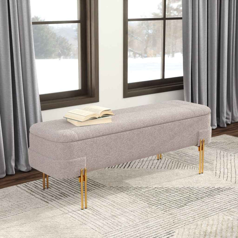 47" Beige and Gold Fabric Upholstered Bench