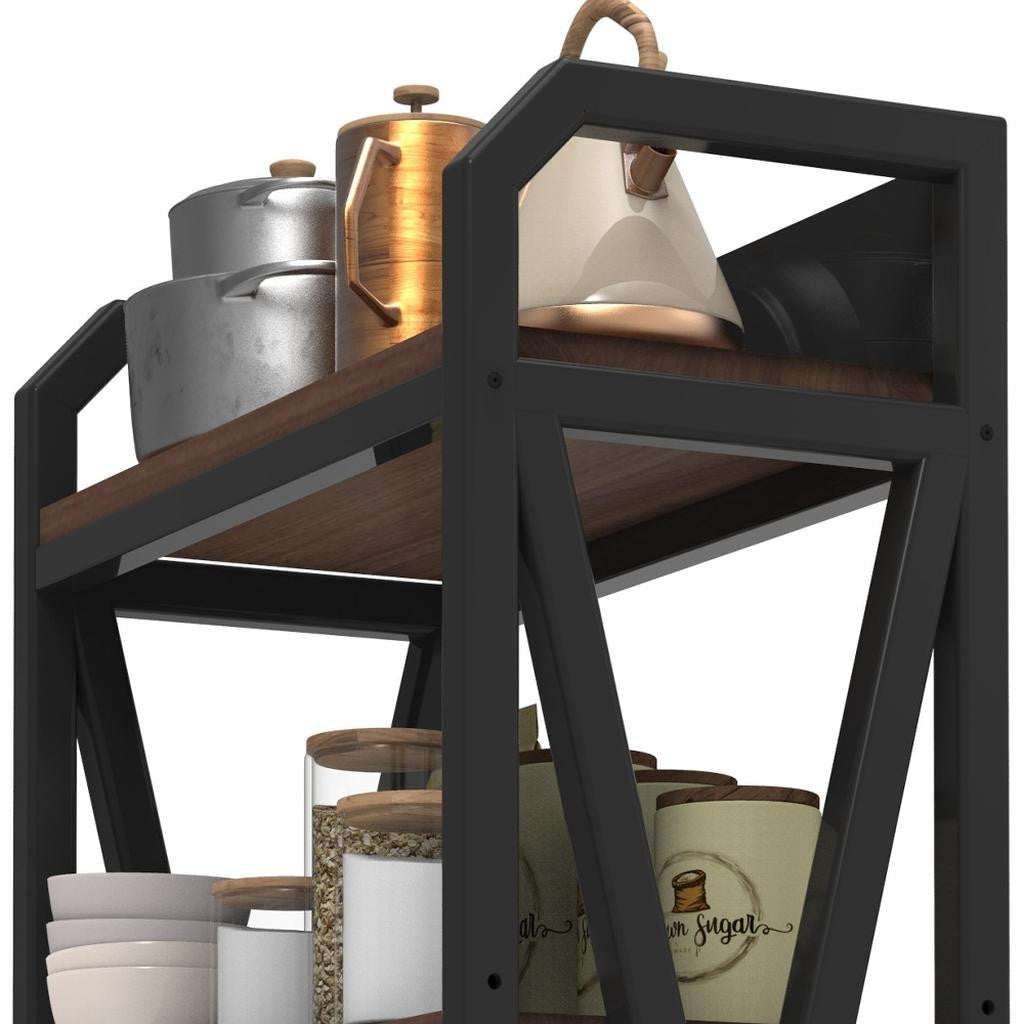 56" Black And Brown Metal and Wood Four Tier Etagere Bookcase - Office Supplies