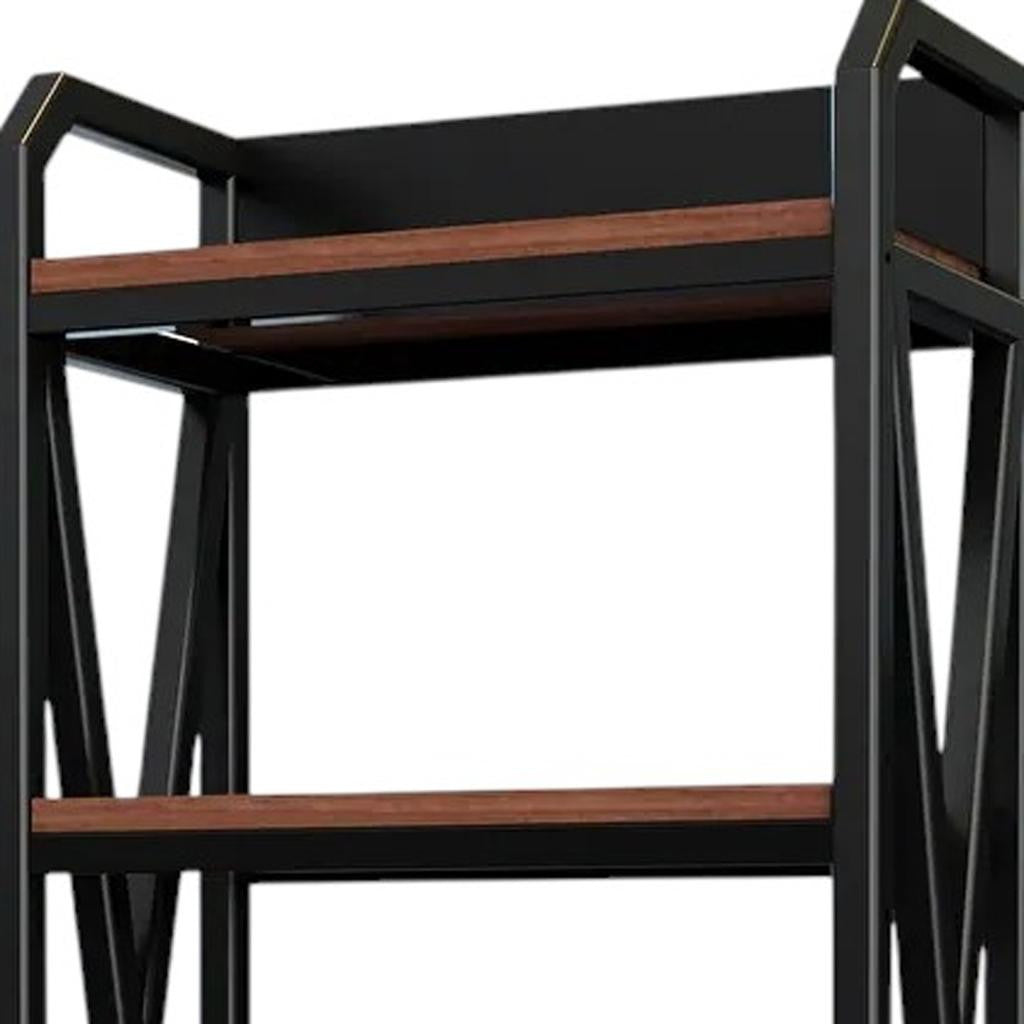 56" Black And Brown Metal and Wood Four Tier Etagere Bookcase - Office Supplies