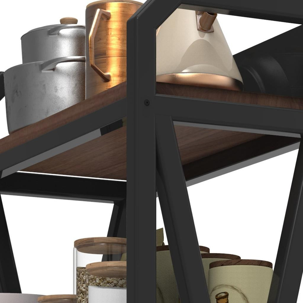 56" Black And Brown Metal and Wood Four Tier Etagere Bookcase - Office Supplies