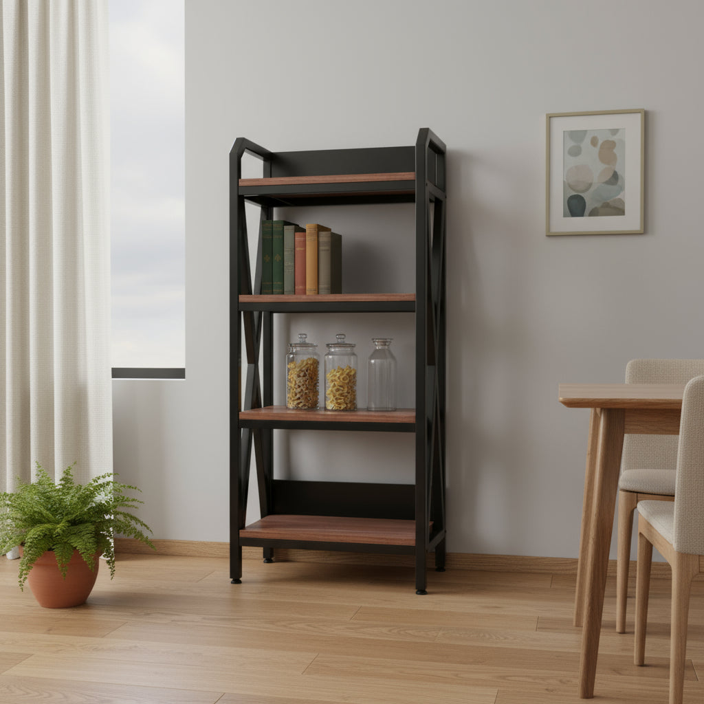 56" Black And Brown Metal and Wood Four Tier Etagere Bookcase - Office Supplies