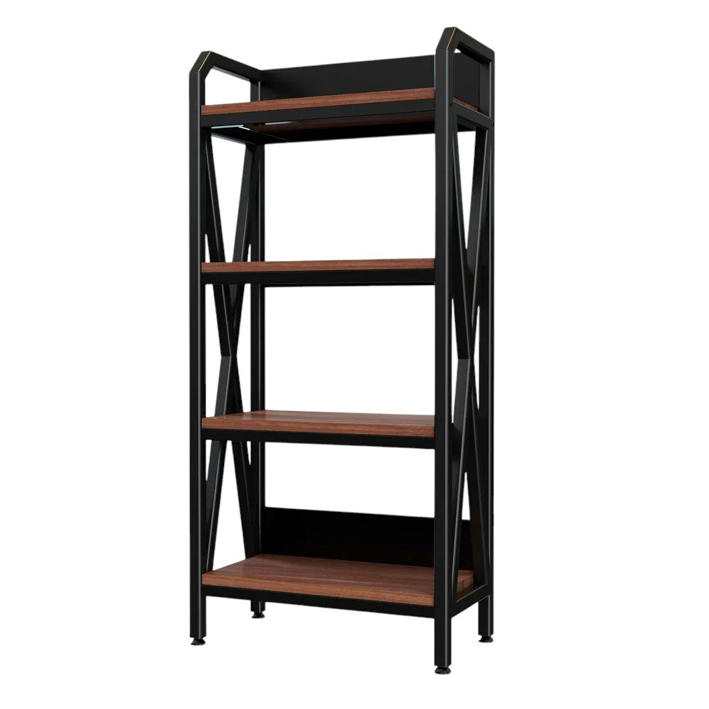 56" Black And Brown Metal and Wood Four Tier Etagere Bookcase - Office Supplies