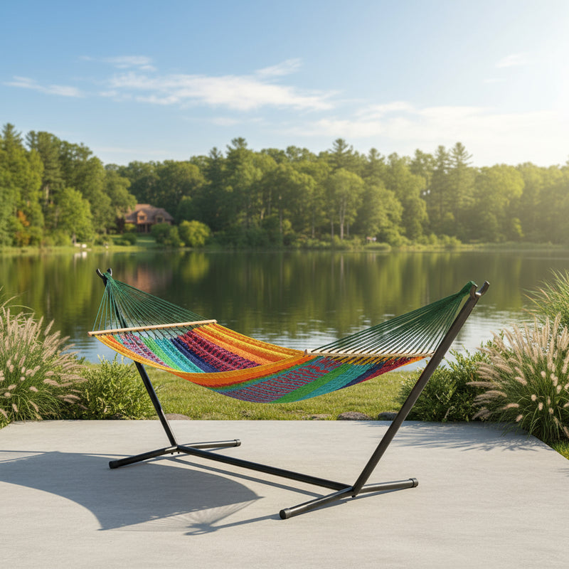 Multicolor striped double hammock on black stand with green end ropes