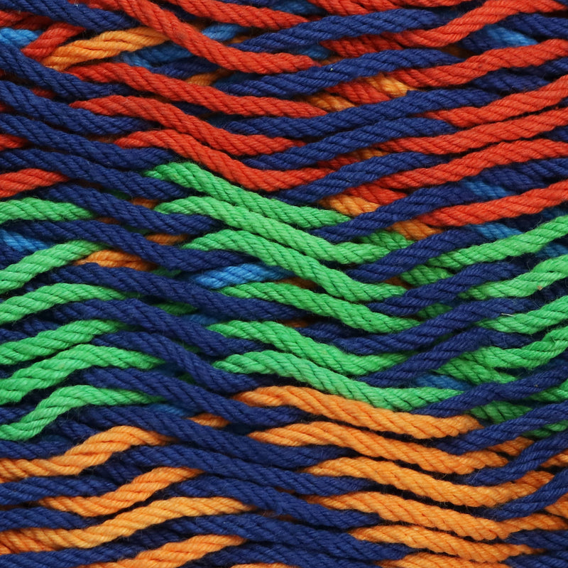 Close-up of braided striped hammock fabric in blue, red, green, and orange