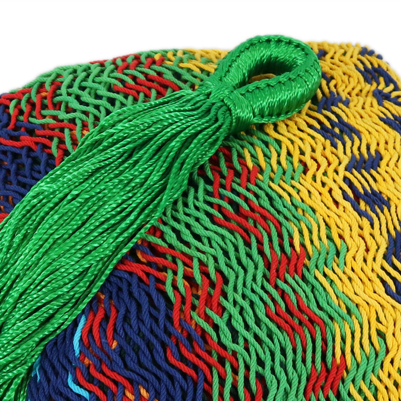Green tied end rope on multicolor striped double hammock fabric