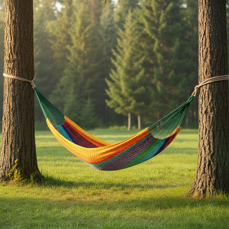 Multicolor striped hammock hanging between two trees with green end ropes