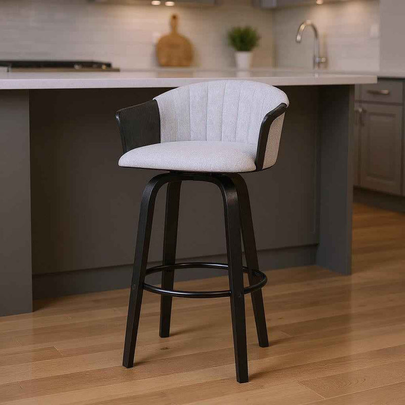 26" Light Gray And Black Fabric Swivel Counter Height Bar Chair