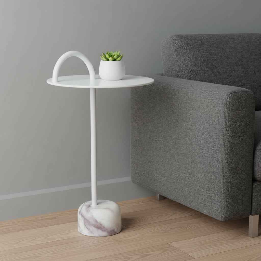 25" White Iron And Marble Round Pedestal End Table