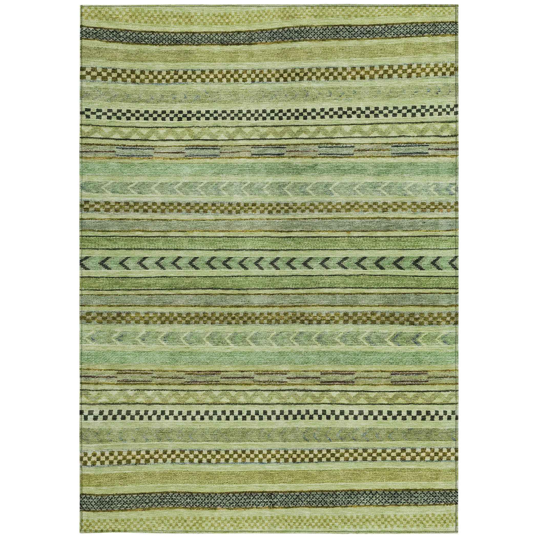 5' X 8' Artichoke Green And Taupe Striped Washable Indoor Outdoor Area Rug