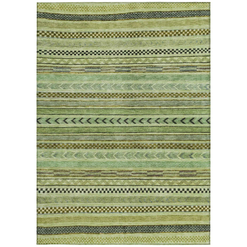 5' X 8' Artichoke Green And Taupe Striped Washable Indoor Outdoor Area Rug