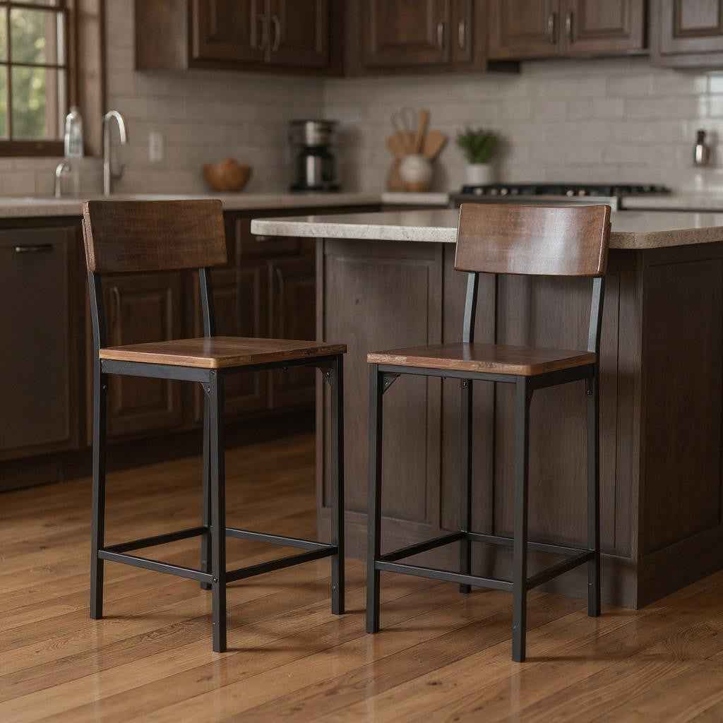 Set of Two 25" Brown and Black Solid Wood and Metal Counter Height Bar Chairs