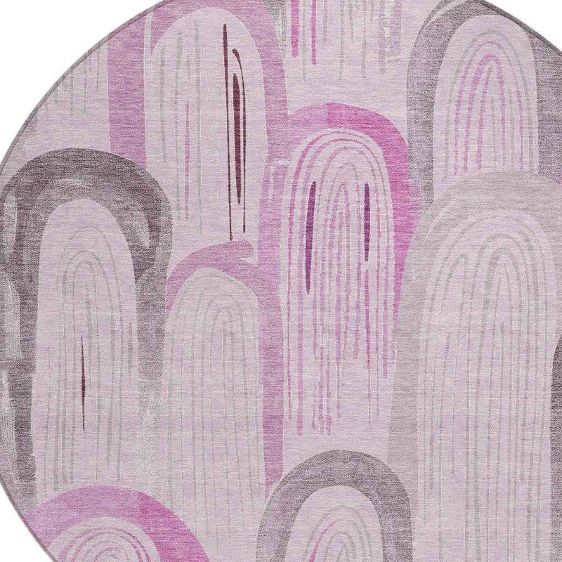 8' Pink And Lavender Round Geometric Washable Indoor Outdoor Area Rug