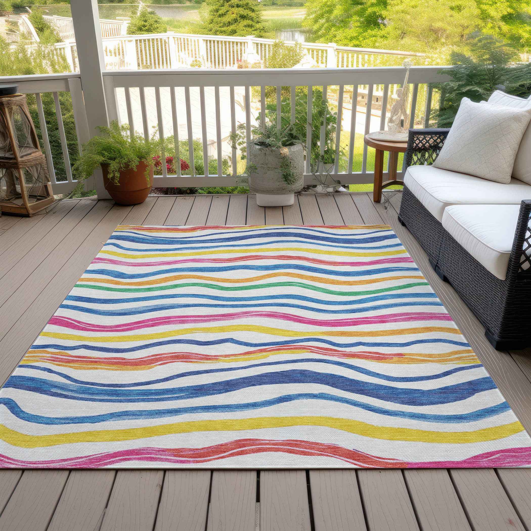 9' X 12' Ivory Blue Pink And Yellow Striped Washable Indoor Outdoor Area Rug
