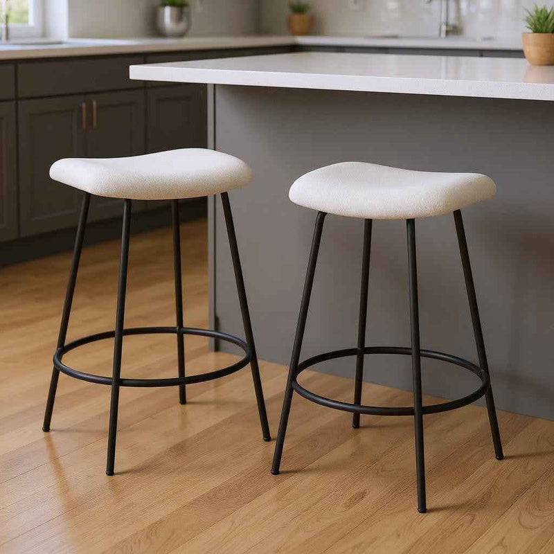 Set of Two 26" White and Black Fabric and Metal Backless Counter Height Bar Chairs