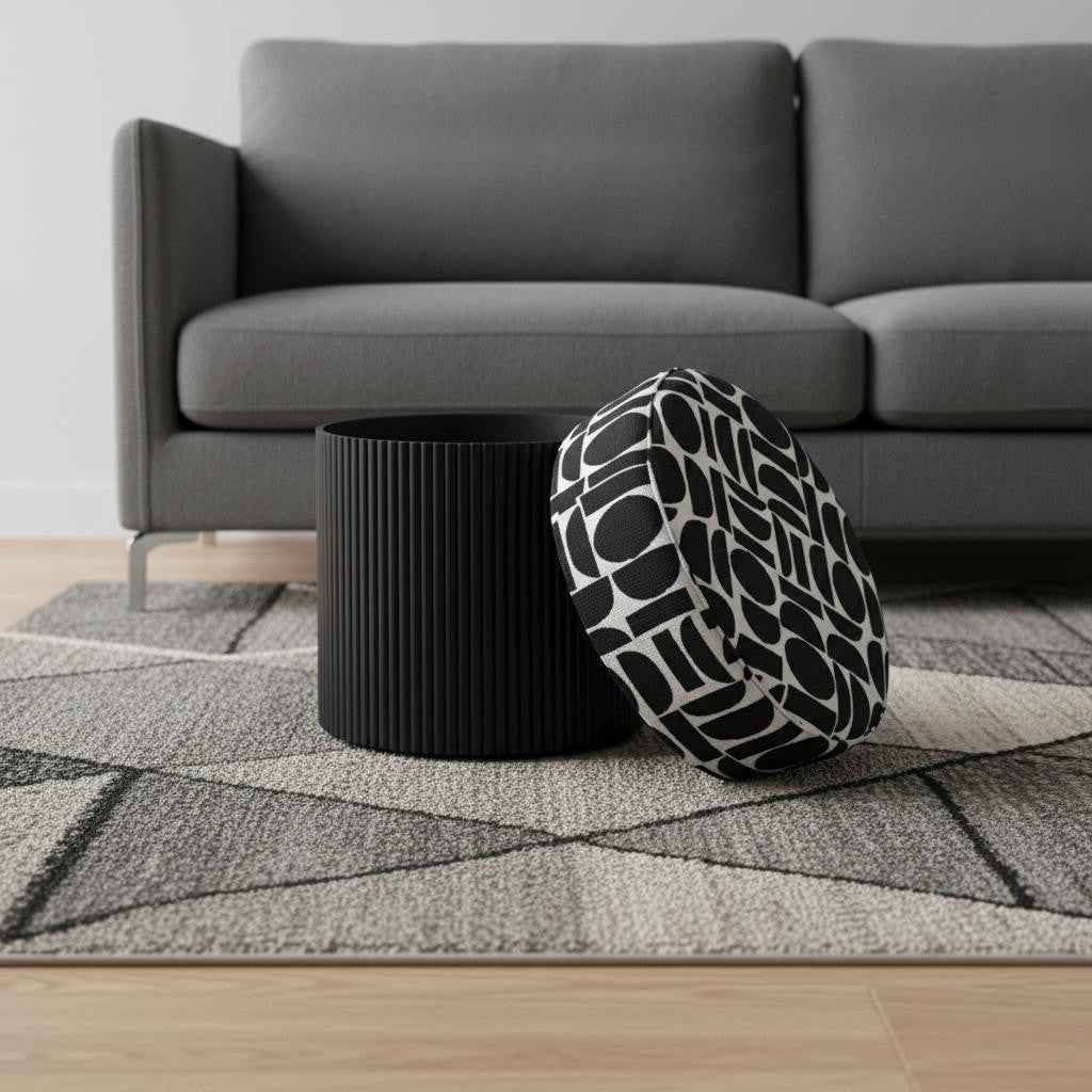 20" White and Black Fabric Round Ottoman