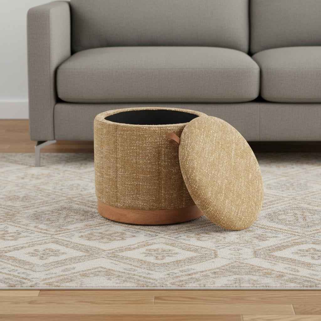21" Yellow and Natural Fabric Round Ottoman With Storage
