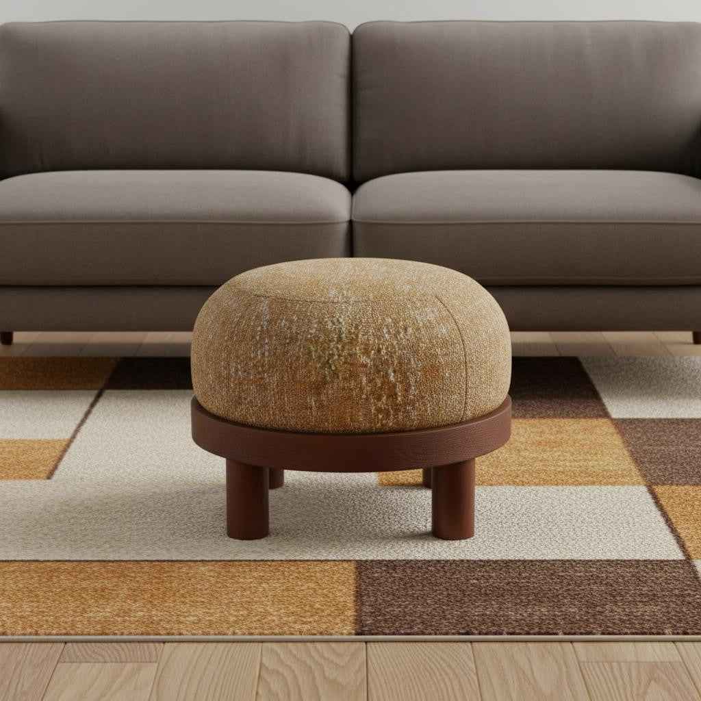 23" Yellow and Brown Fabric Ottoman