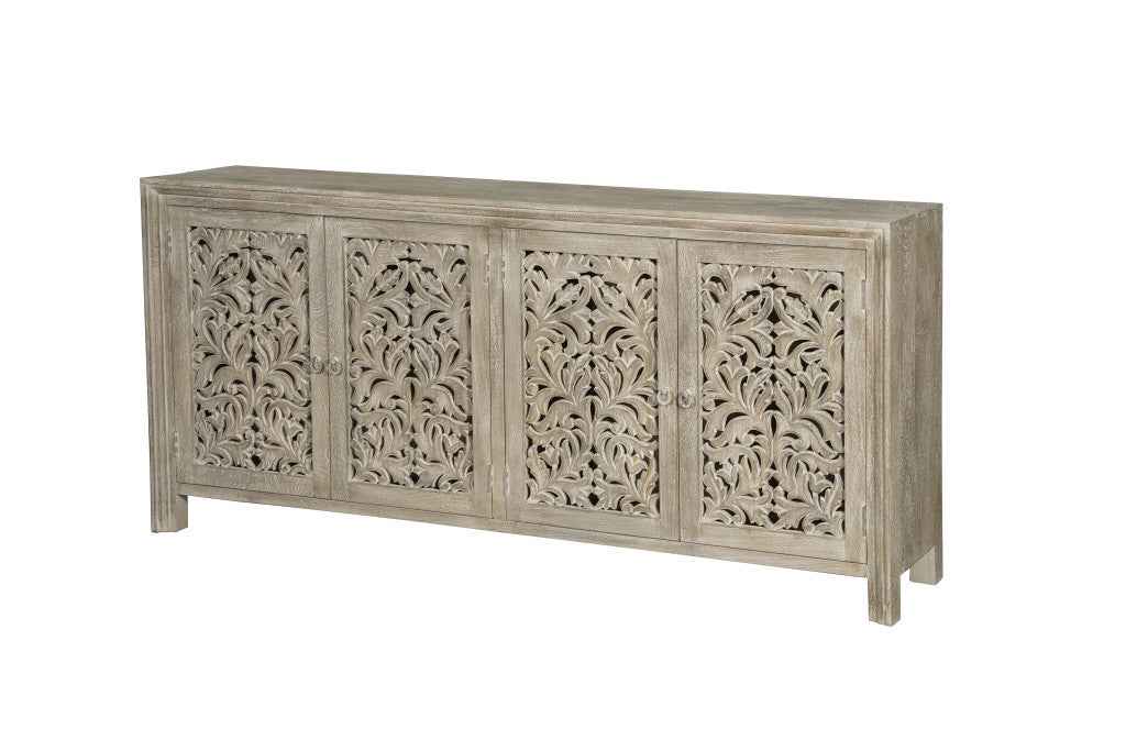 78" Gray Distressed Solid Wood Carved Floral Sideboard with Four Doors