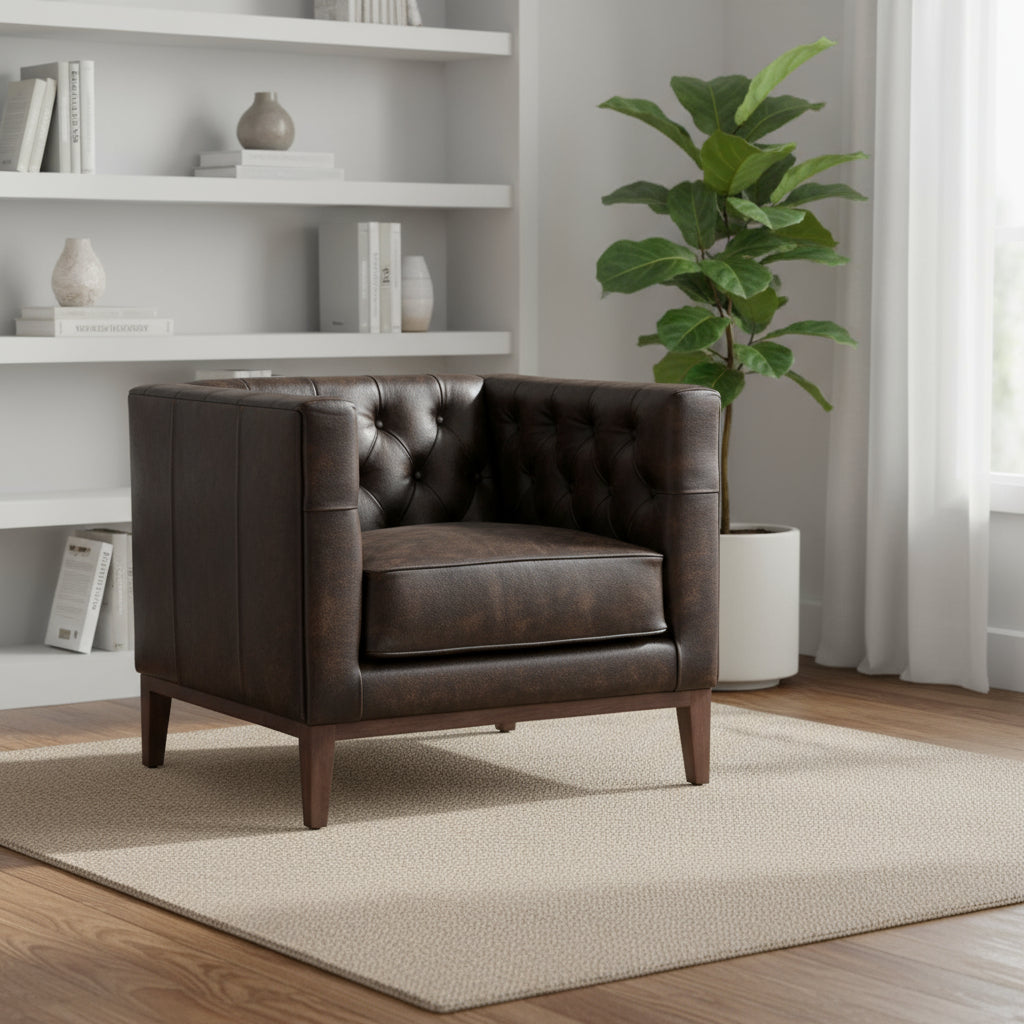 33" Brown and Black Antiqued Top Grain Leather Tufted Club Chair