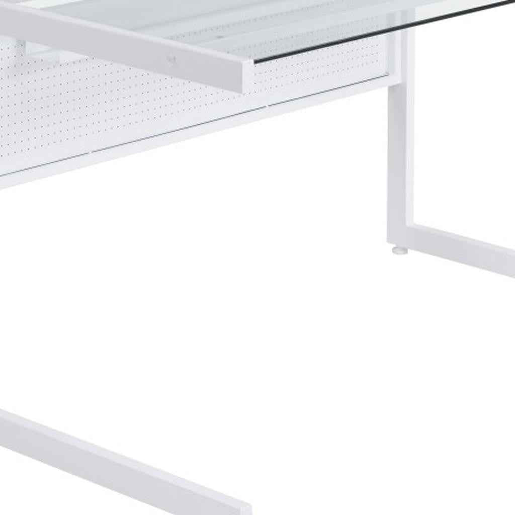 78" Clear and White Glass and Metal Corner Computer Desk