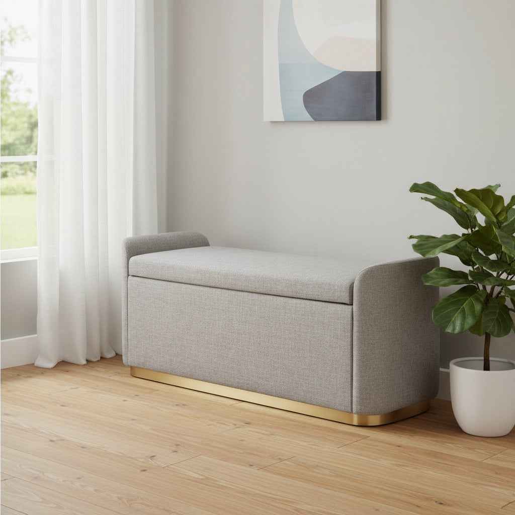 48" Gray and Gold Fabric Upholstered Bench