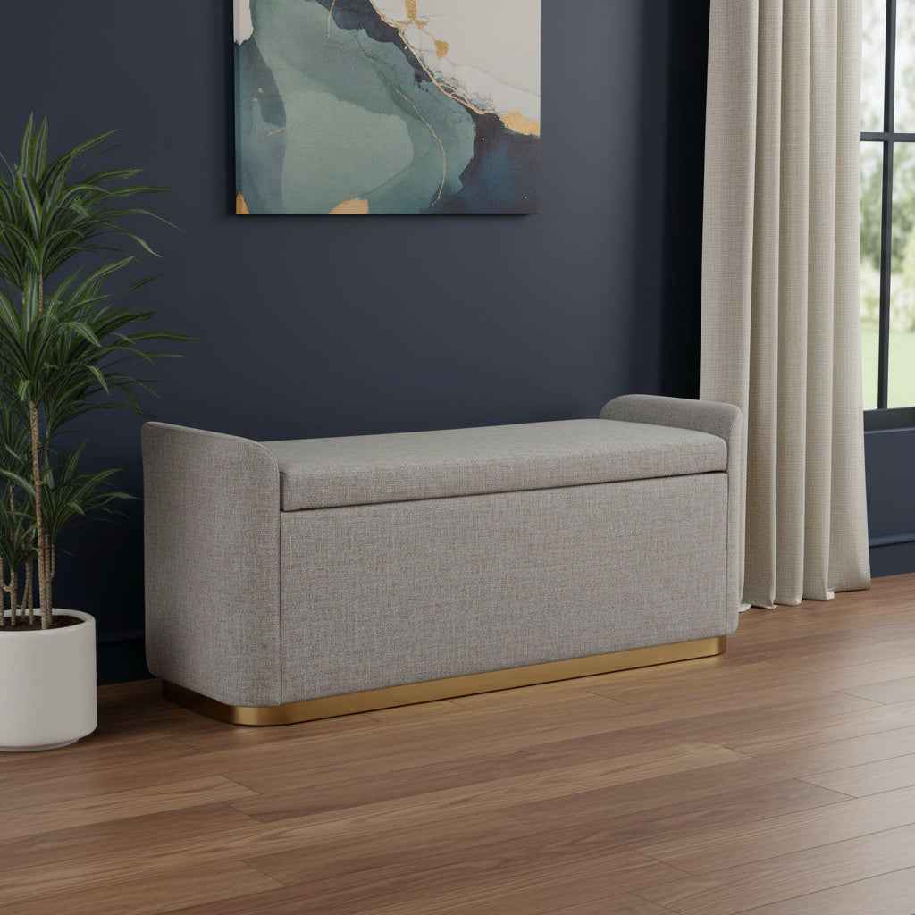 48" Gray and Gold Fabric Upholstered Bench