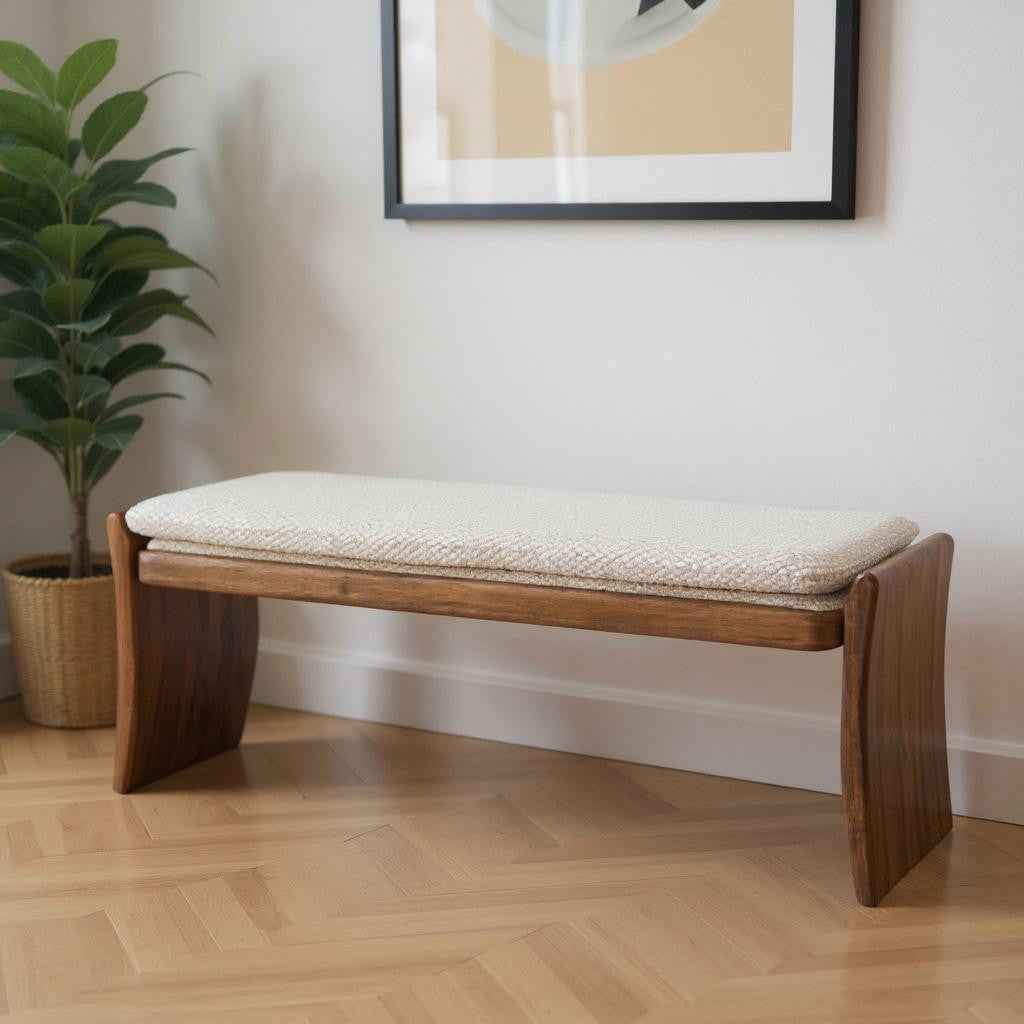 48" Beige and Brown Fabric and Solid Wood Upholstered Bench