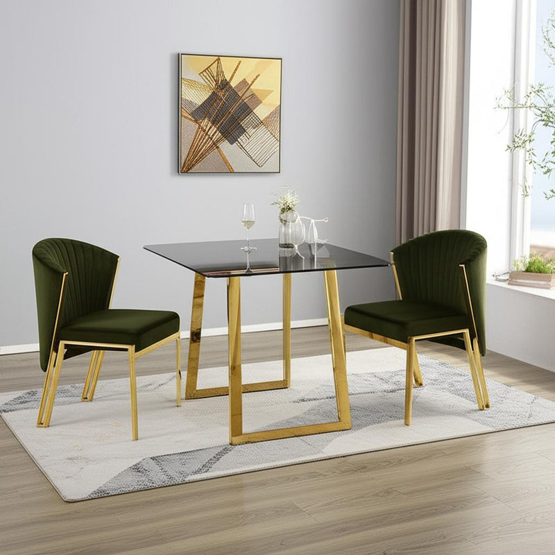 Set of Two Green and Gold Upholstered Velvet And Steel Wing Back Dining Side Chairs - Kitchen & Dining