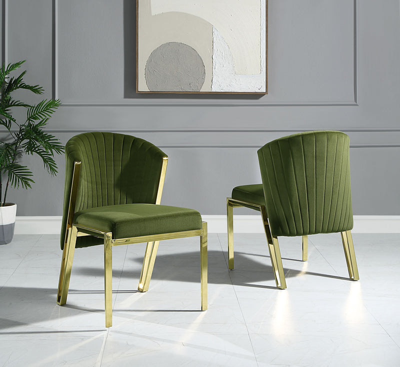 Set of Two Green and Gold Upholstered Velvet And Steel Wing Back Dining Side Chairs - Kitchen & Dining