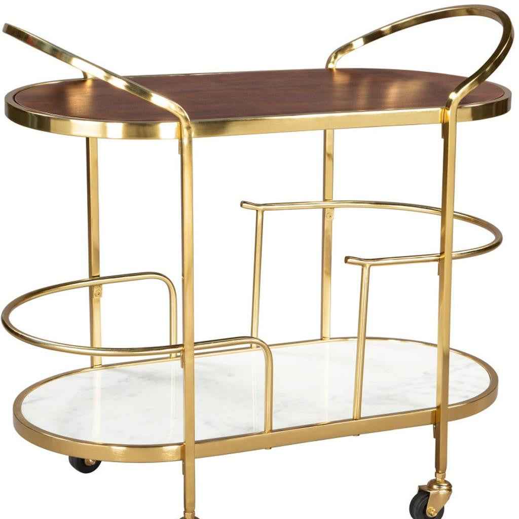 32" Solid Wood and Iron Round Rolling Bar Cart