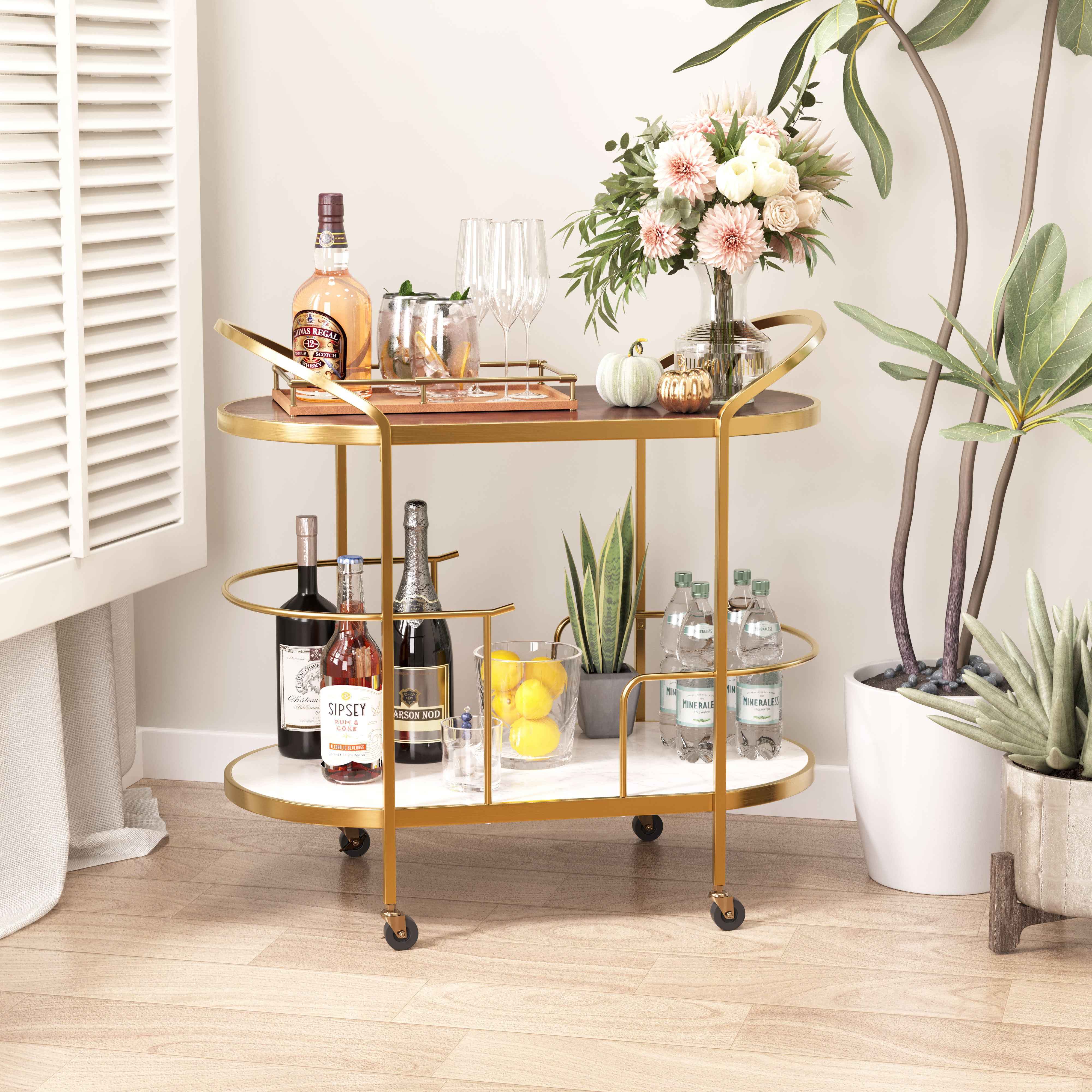 32" Solid Wood and Iron Round Rolling Bar Cart