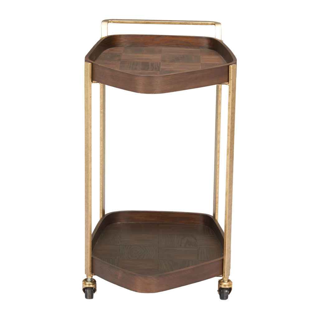 27" Walnut And Brass Wood and Steel Rolling Bar Cart