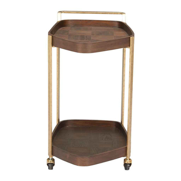 27" Walnut And Brass Wood and Steel Rolling Bar Cart