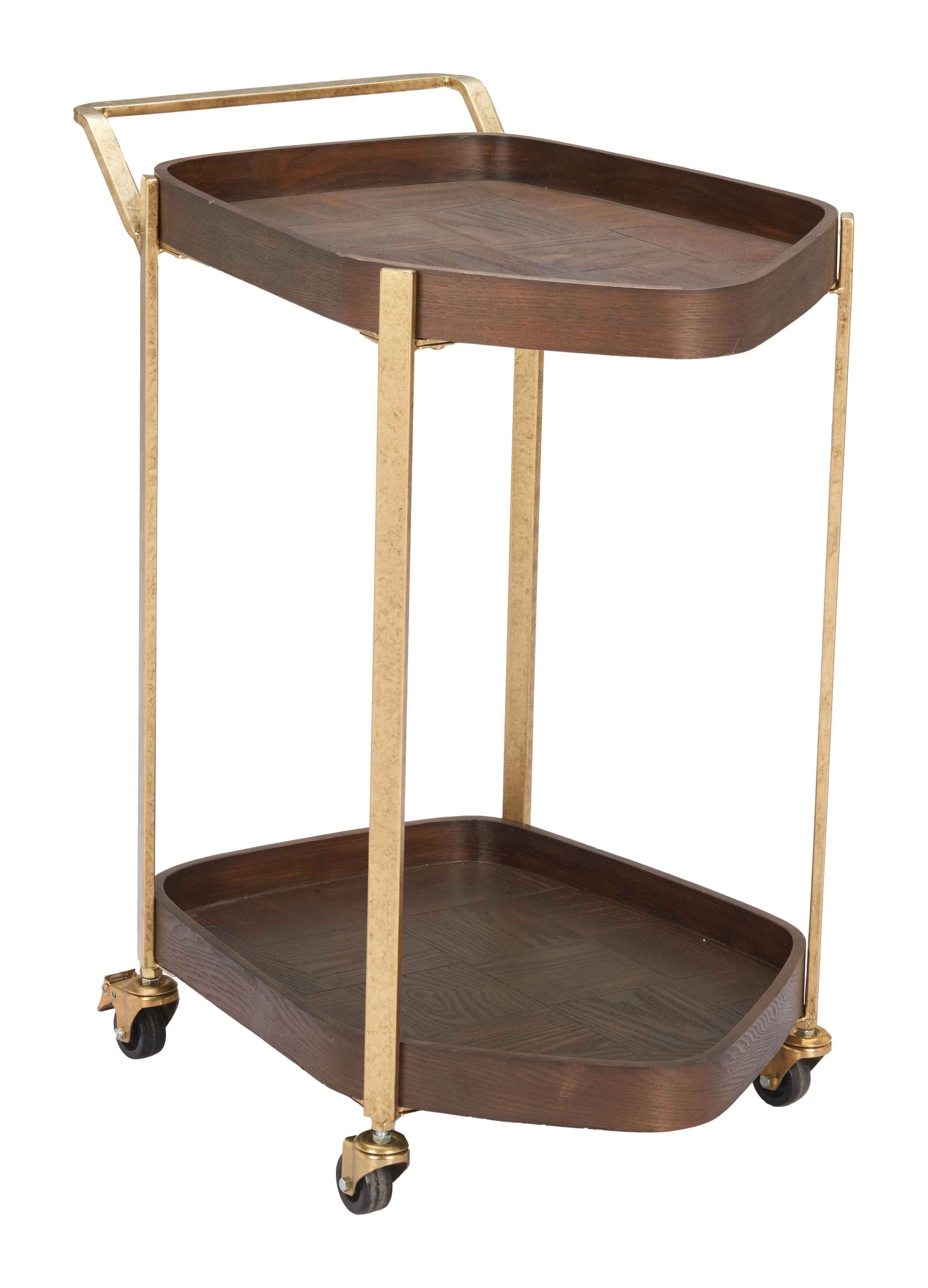 27" Walnut And Brass Wood and Steel Rolling Bar Cart