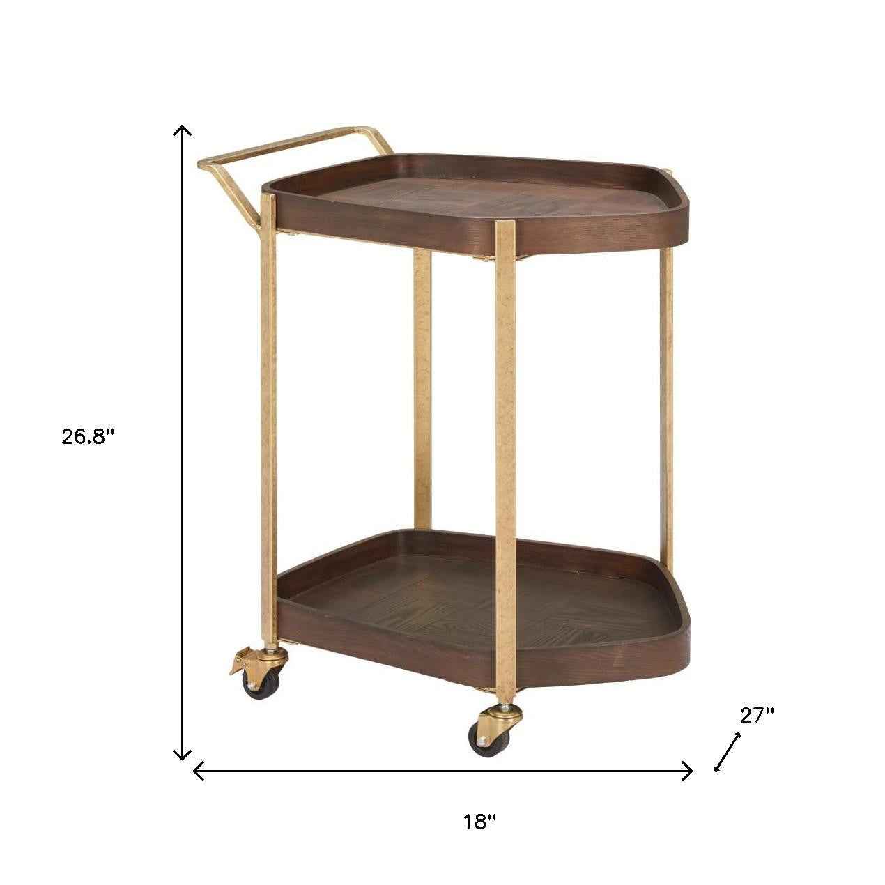 27" Walnut And Brass Wood and Steel Rolling Bar Cart