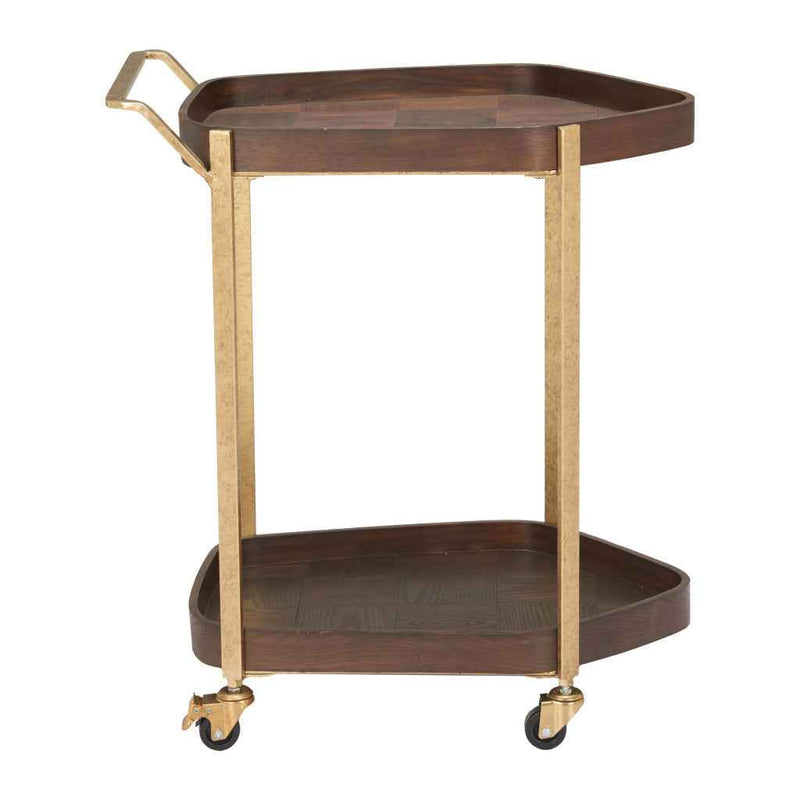 27" Walnut And Brass Wood and Steel Rolling Bar Cart