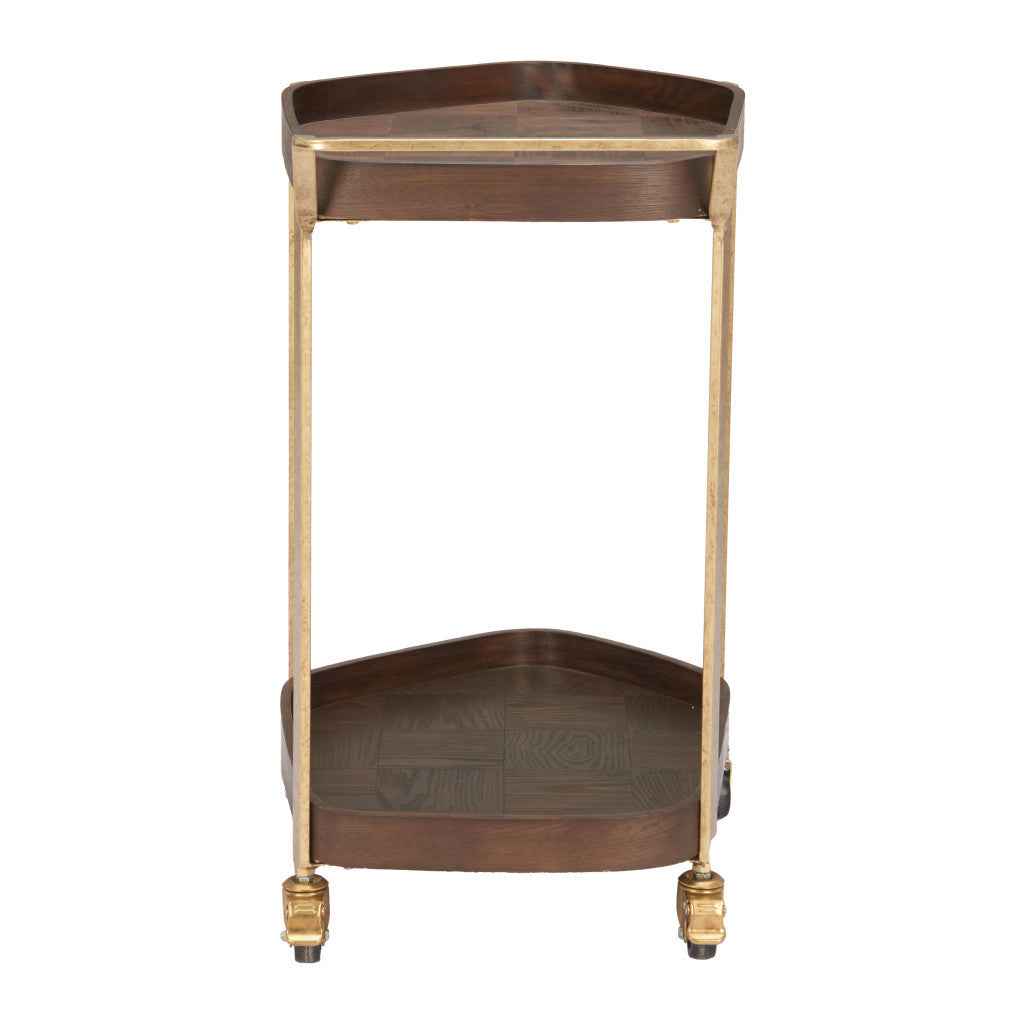 27" Walnut And Brass Wood and Steel Rolling Bar Cart