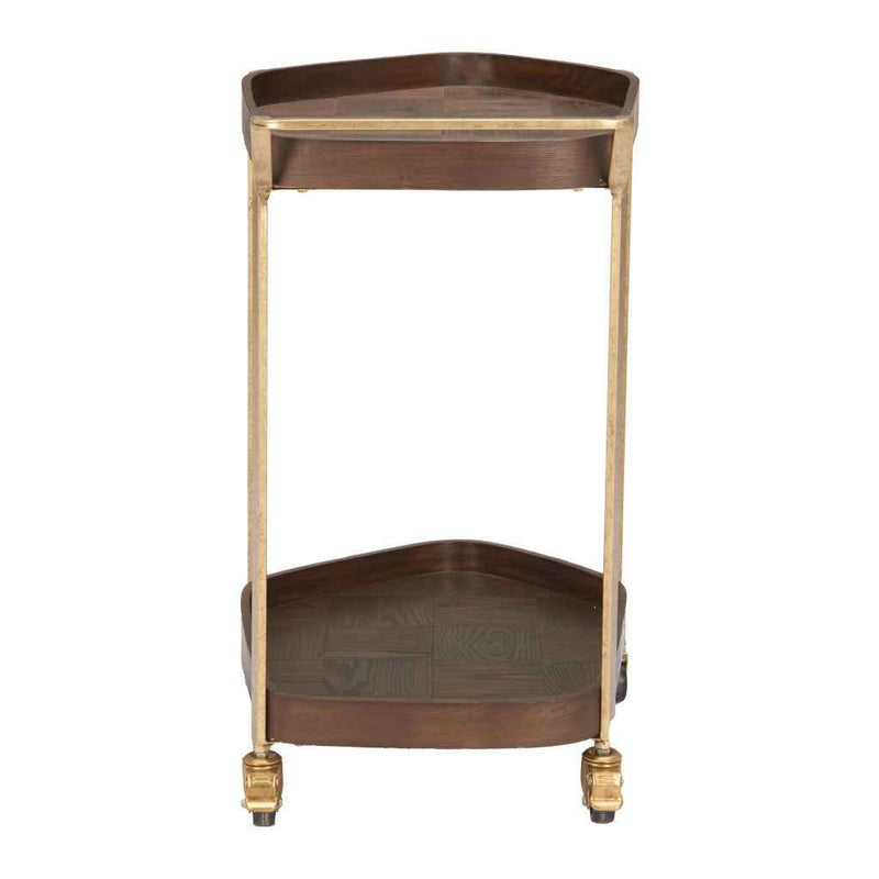 27" Walnut And Brass Wood and Steel Rolling Bar Cart