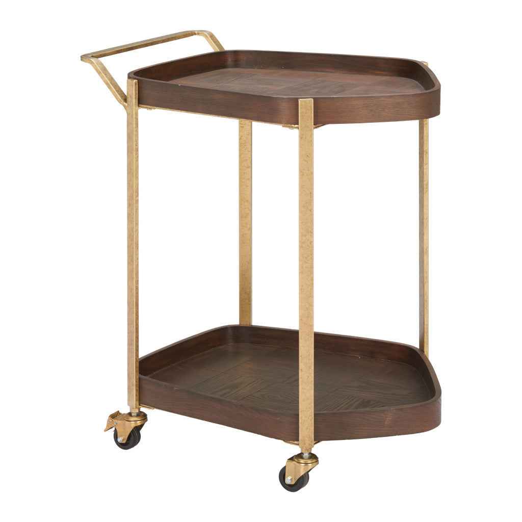 27" Walnut And Brass Wood and Steel Rolling Bar Cart