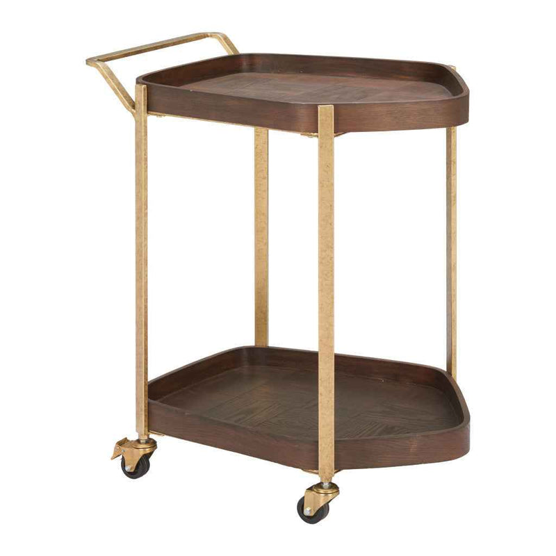 27" Walnut And Brass Wood and Steel Rolling Bar Cart