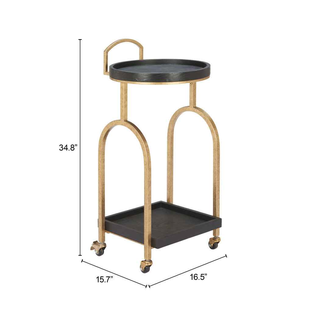 17" Black And Brass Steel and Solid Wood Distressed Round Rolling Bar Cart