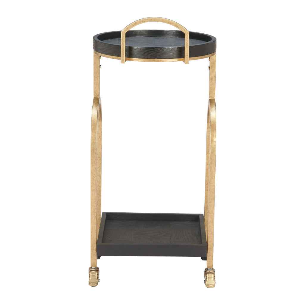 17" Black And Brass Steel and Solid Wood Distressed Round Rolling Bar Cart