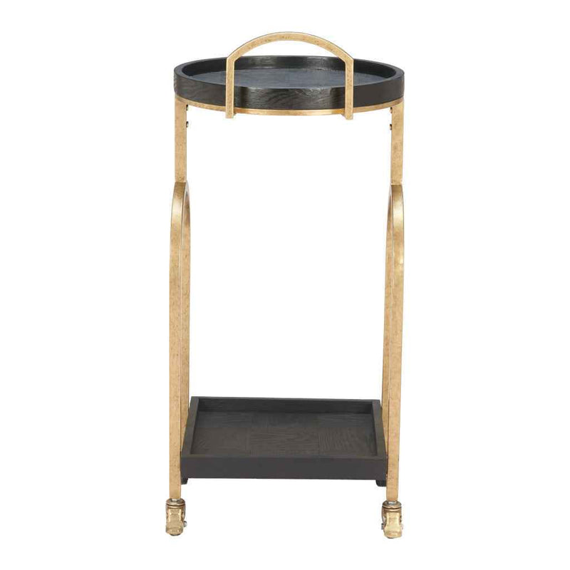 17" Black And Brass Steel and Solid Wood Distressed Round Rolling Bar Cart