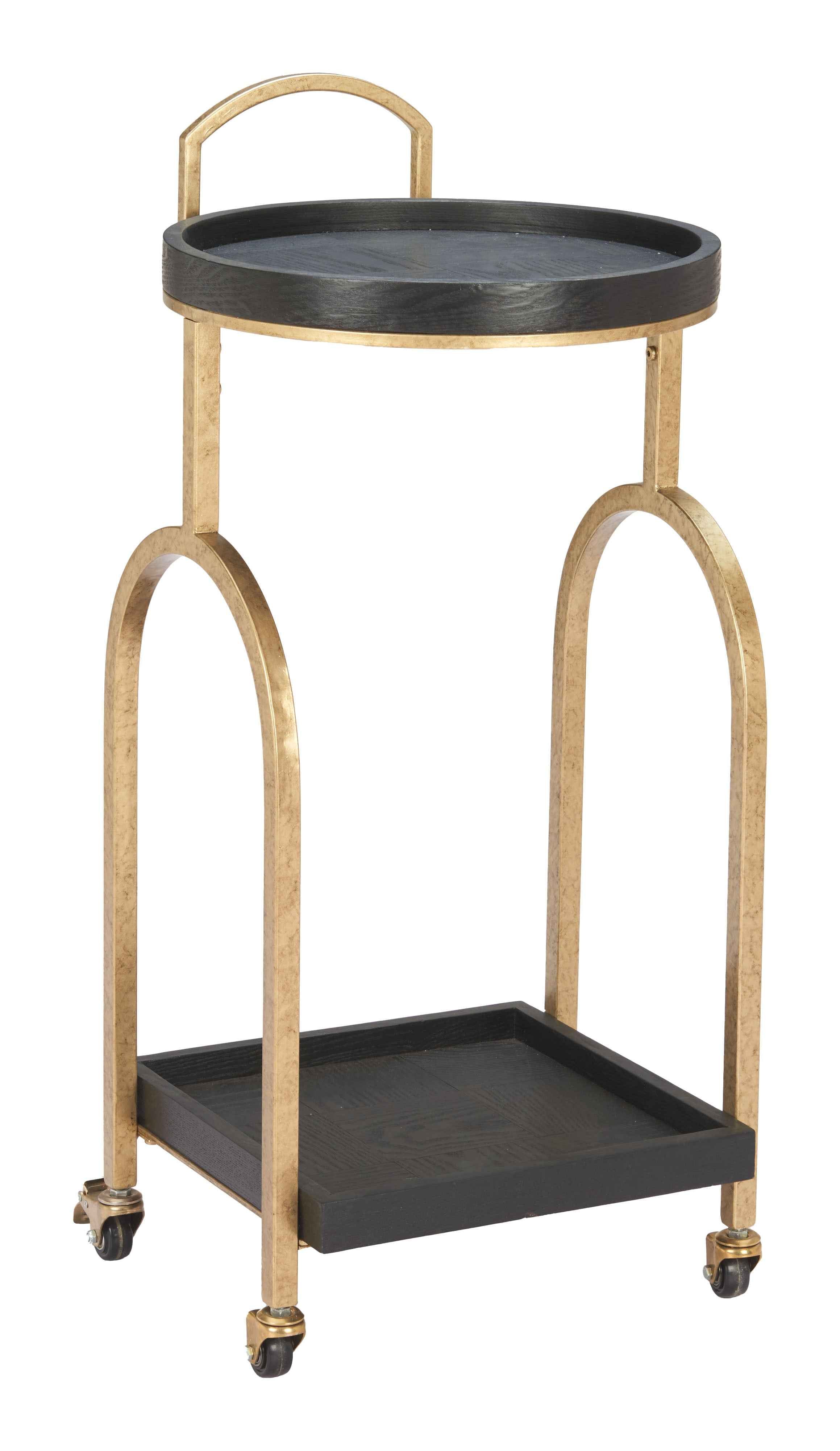 17" Black And Brass Steel and Solid Wood Distressed Round Rolling Bar Cart
