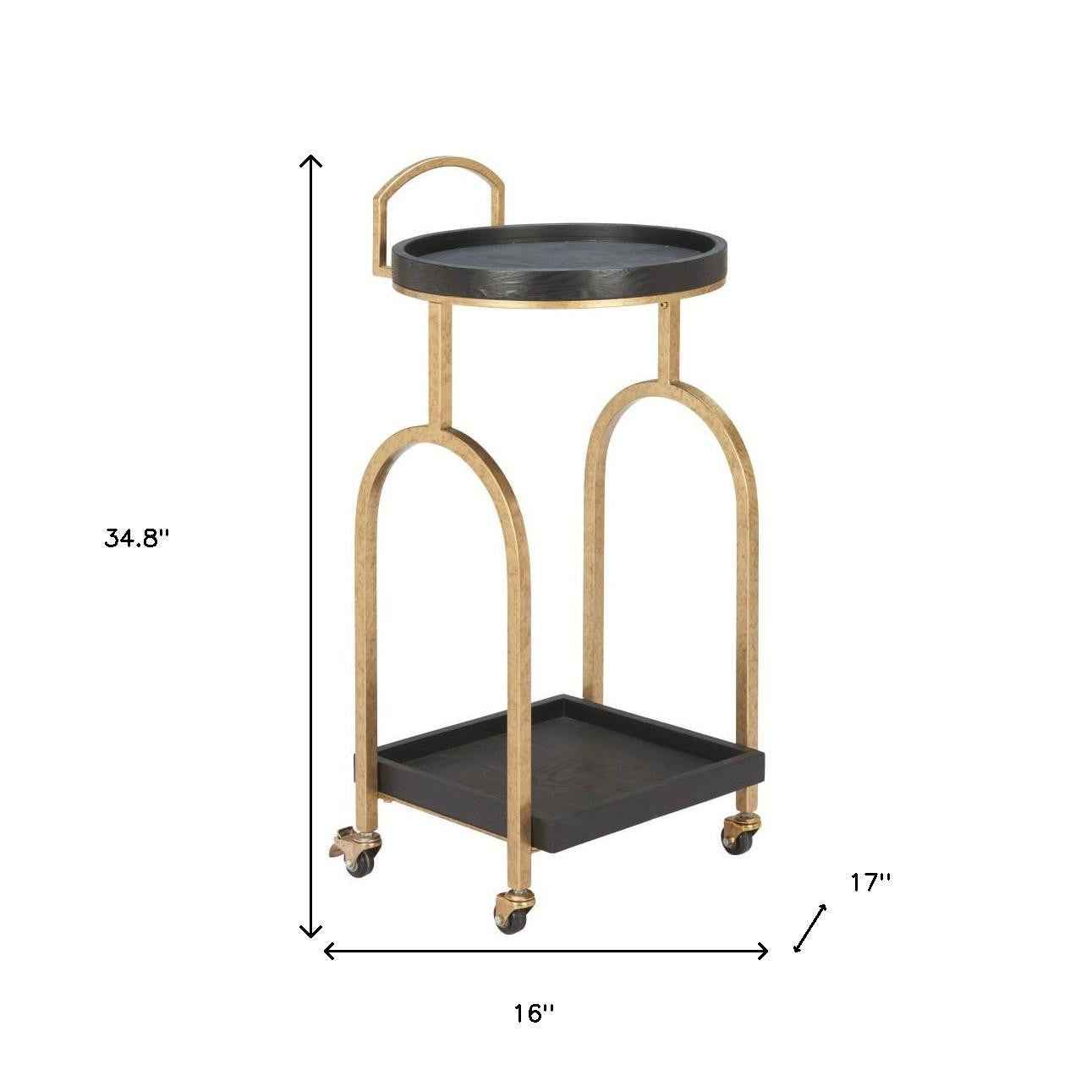 17" Black And Brass Steel and Solid Wood Distressed Round Rolling Bar Cart