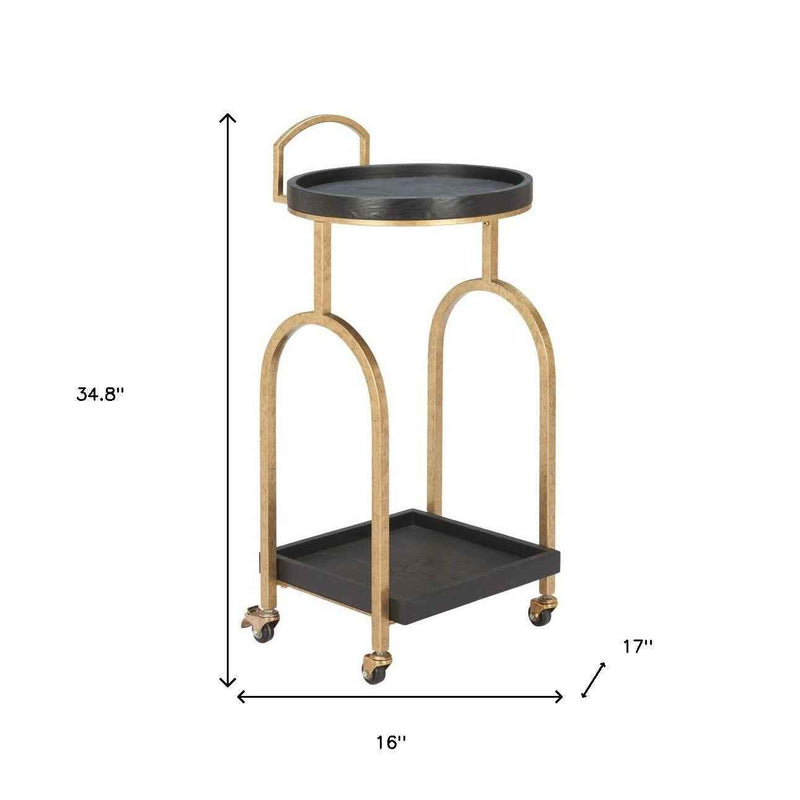 17" Black And Brass Steel and Solid Wood Distressed Round Rolling Bar Cart