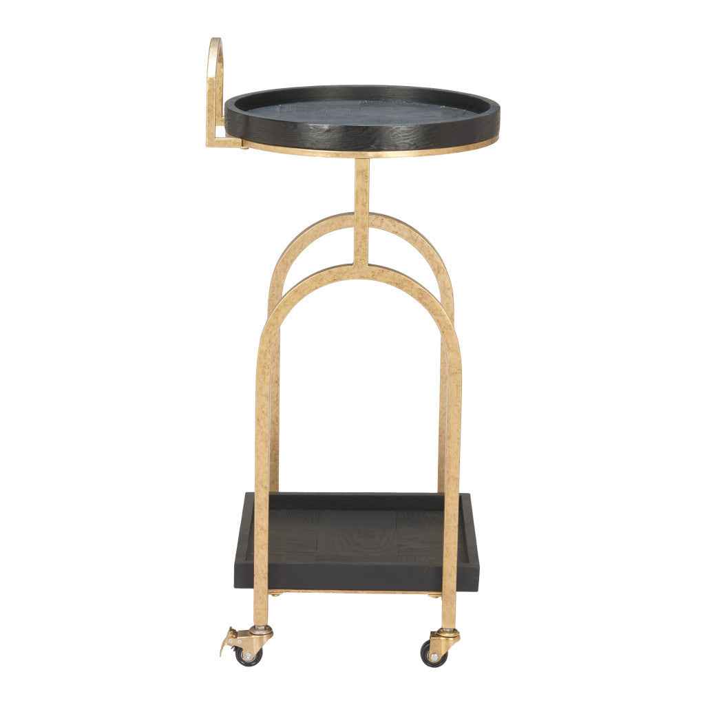 17" Black And Brass Steel and Solid Wood Distressed Round Rolling Bar Cart